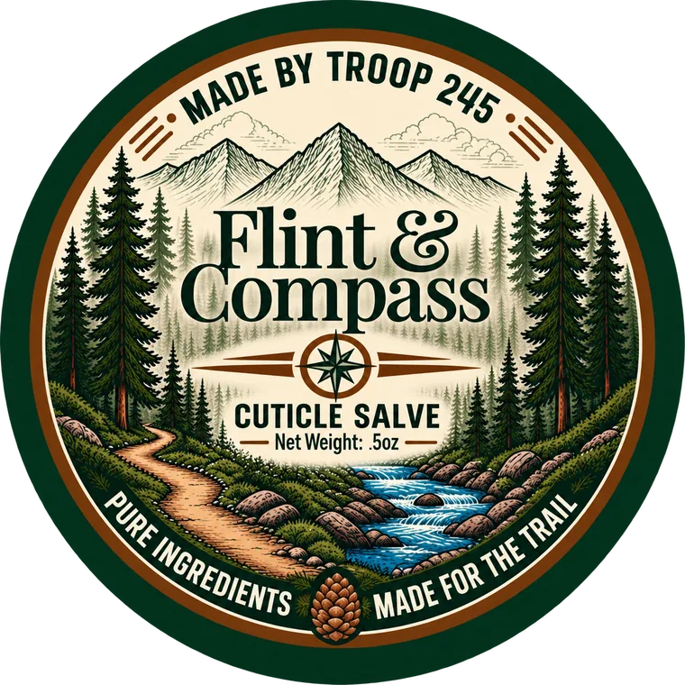 Round Flint & Compass label showing mountains, pine forest, a trail, and a river, with the words Made by Troop 245