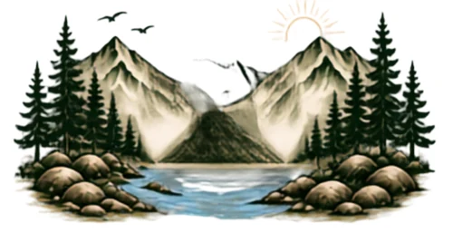 Illustration of pine trees, mountains, and a lake